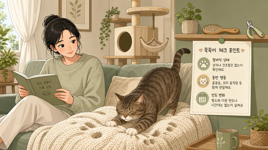 고양이 꾹꾹이 관찰 체크리스트와 생활 환경 일러스트