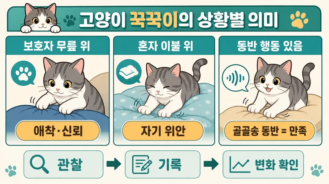 고양이 꾹꾹이 상황별 의미 구분 인포그래픽 — 장소·동반 행동별 해석