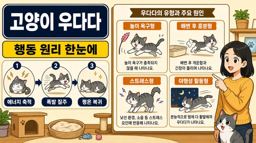 고양이 우다다 유형과 행동 원리를 보여주는 인포그래픽 일러스트
